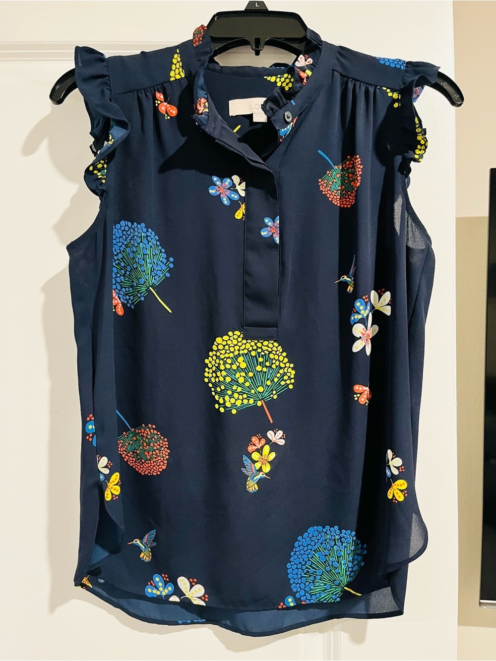 LOFT Navy Floral & Botanical Print Ruffle Sleeve Blouse Size S petite